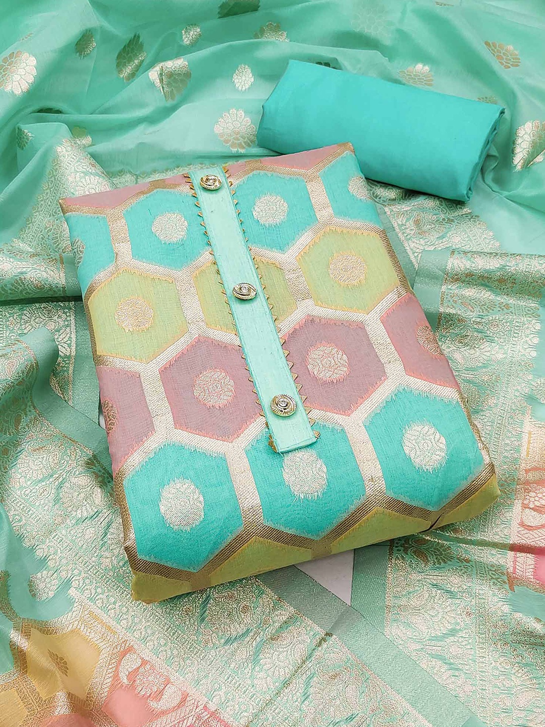 Peachmode Geometric Woven Design Gotta Patti Unstitched Dress Material, Turquoise blue
Peachmode Geometric Woven Design Gotta Patti Unstitched Dress Material, Turquoise blue