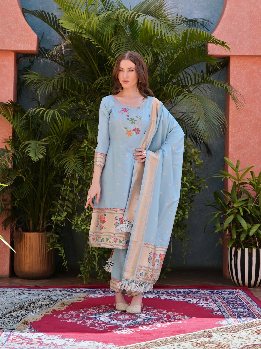 ZARIMO Ethnic Motifs Woven Design Zari Pure Silk Unstitched Dress Material, Turquoise blue
ZARIMO Ethnic Motifs Woven Design Zari Pure Silk Unstitched Dress Material, Turquoise blue