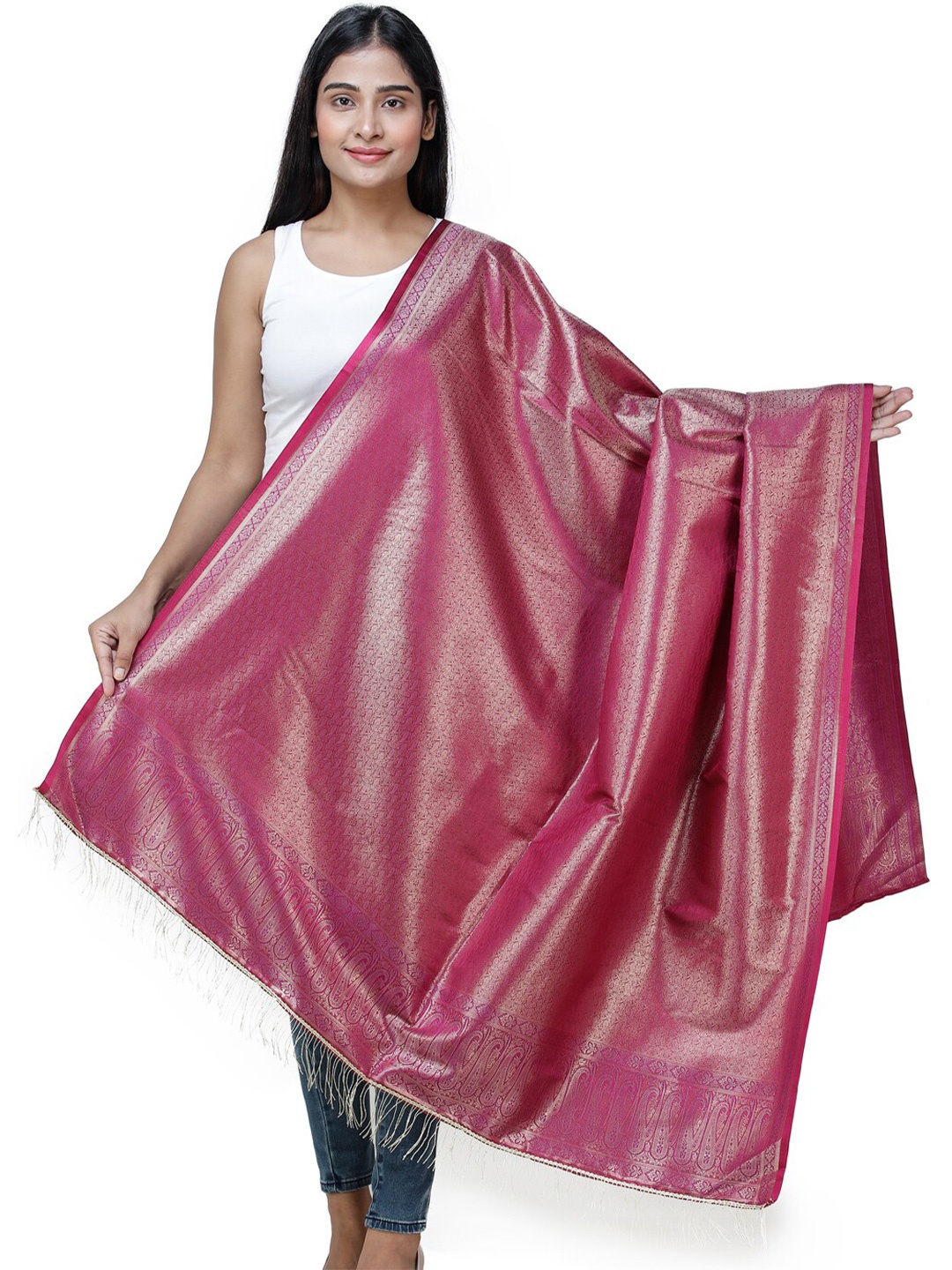 Exotic India Woven Designed Silk Dupatta with Zari, Pink