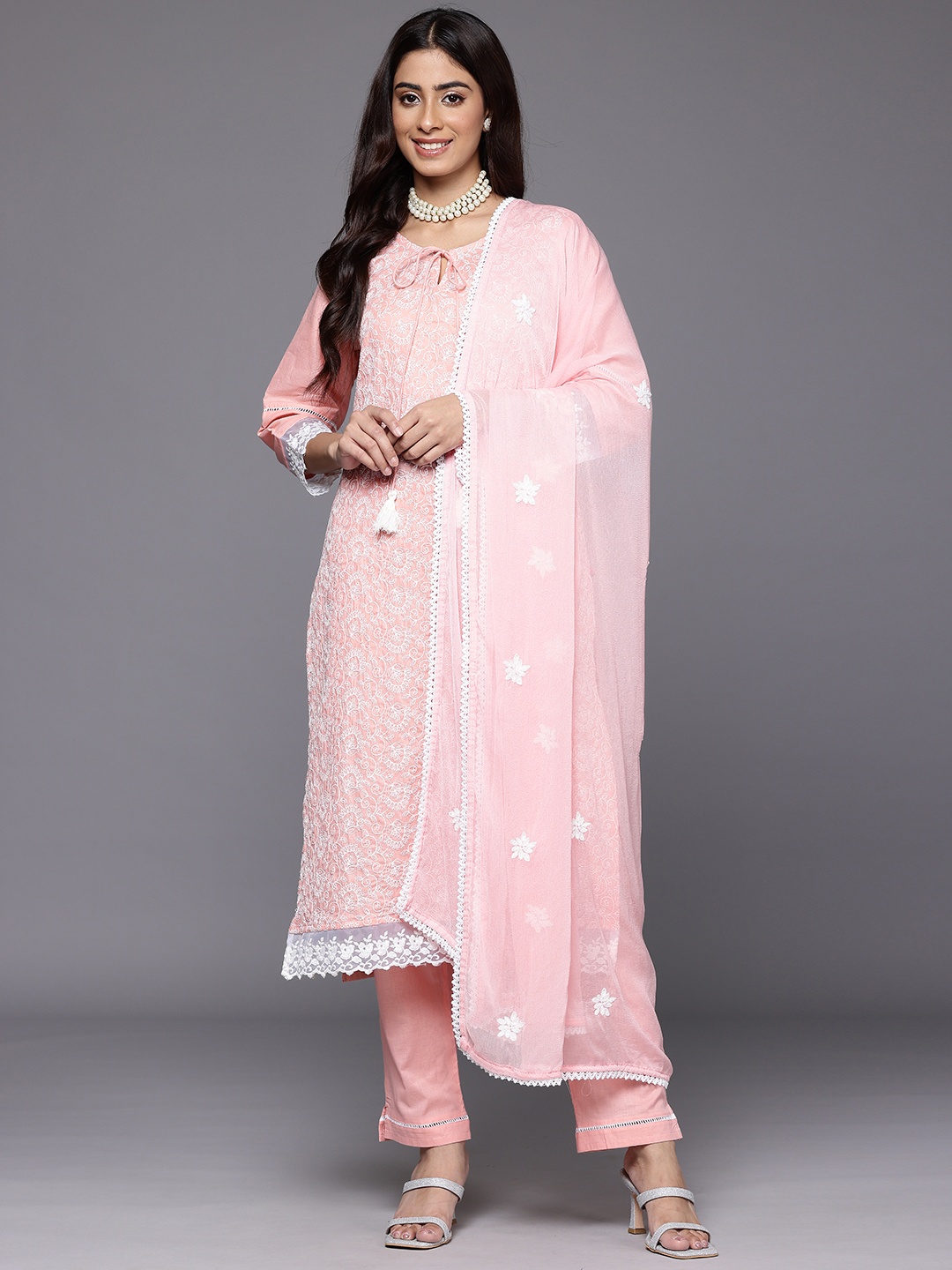 Varanga Women Floral Embroidered Chikankari Pure Cotton Kurta with Trousers & Dupatta, Peach
Varanga Women Floral Embroidered Chikankari Pure Cotton Kurta with Trousers & Dupatta, Peach