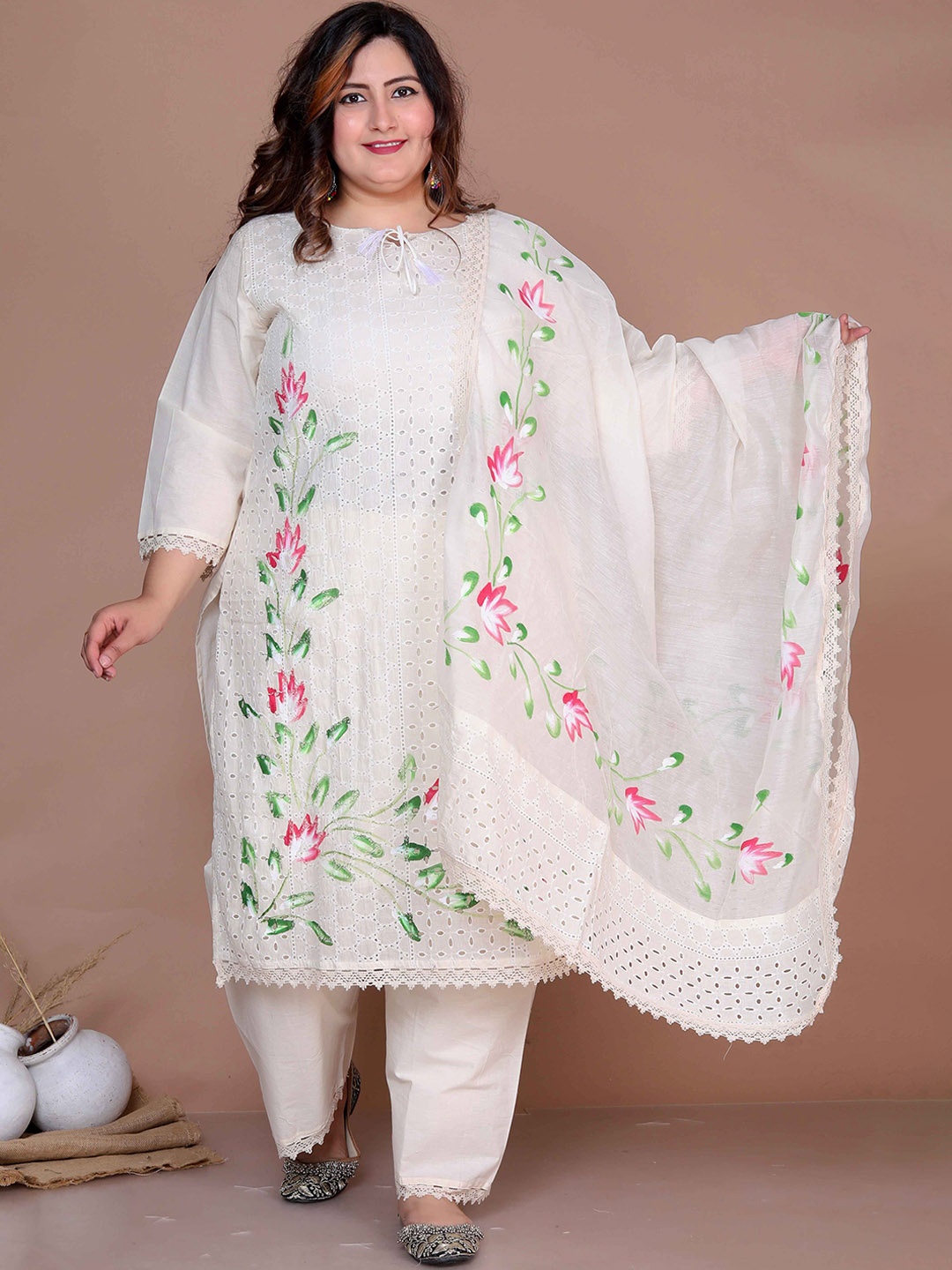 MIRAVAN Plus Size Floral Embroidered Tie-Up Neck Straight Kurta with Trousers & Dupatta, Cream
MIRAVAN Plus Size Floral Embroidered Tie-Up Neck Straight Kurta with Trousers & Dupatta, Cream