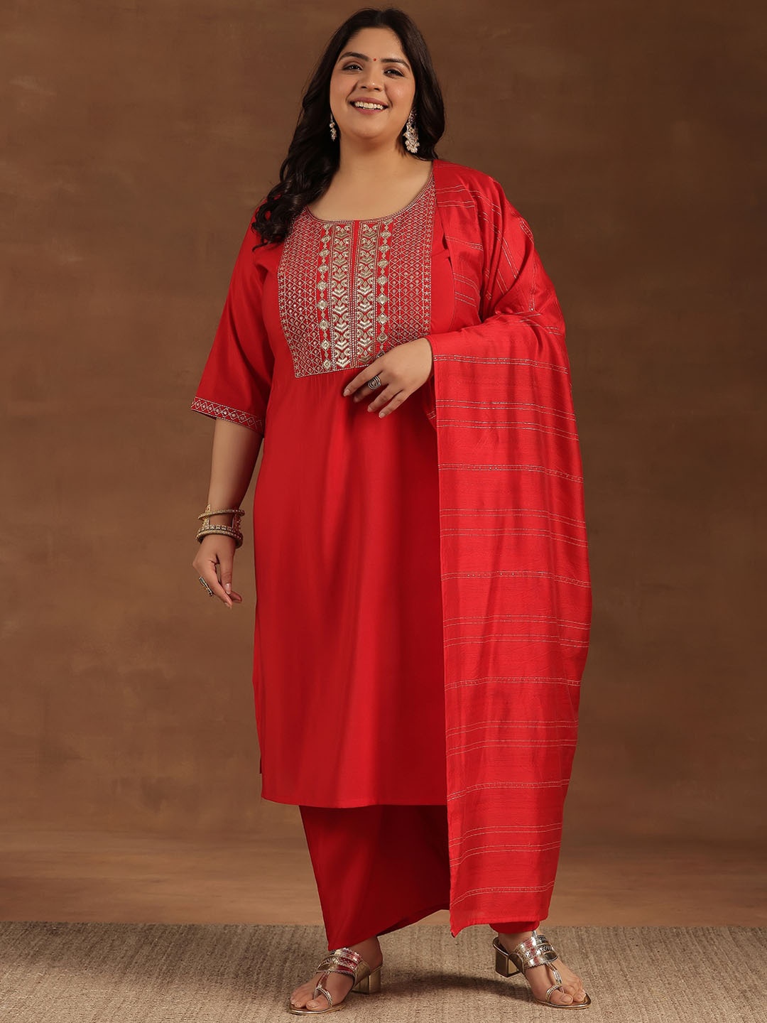 EXTRA LOVE BY LIBAS Pluz Size Floral Yoke Design Thread Work Kurta with Palazzos & Dupatta, Red
EXTRA LOVE BY LIBAS Pluz Size Floral Yoke Design Thread Work Kurta with Palazzos & Dupatta, Red
