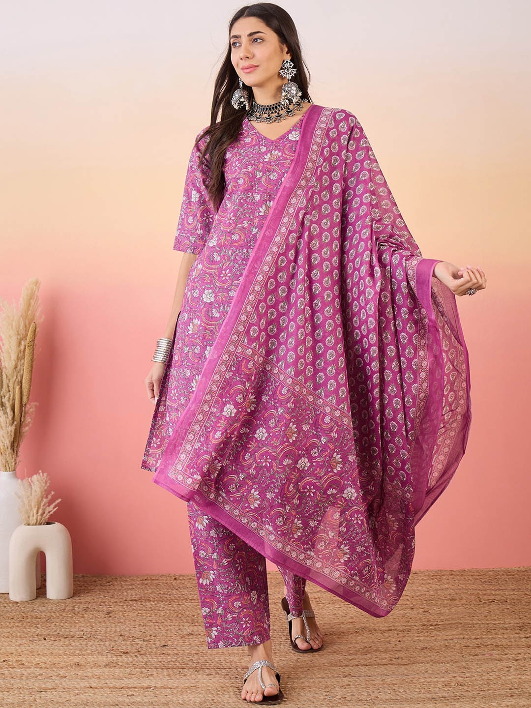 InWeave V-Neck Printed Regular Pure Cotton Straight Kurta with Trousers & With Dupatta, Purple
InWeave V-Neck Printed Regular Pure Cotton Straight Kurta with Trousers & With Dupatta, Purple