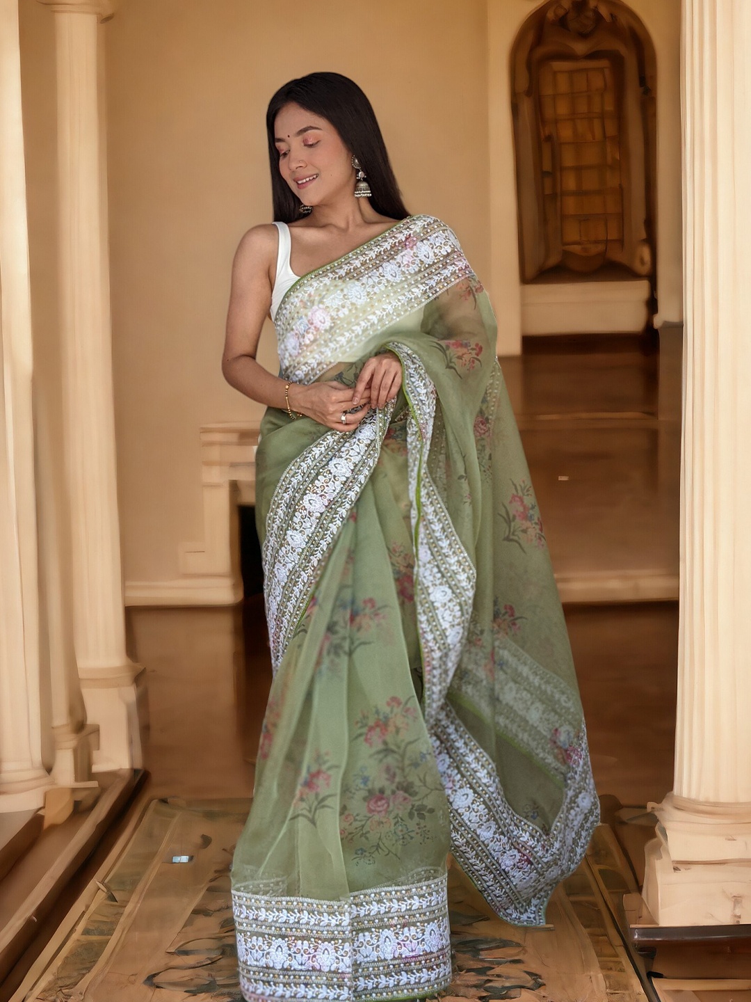 Vastrasky Global Ethnic Motifs Embroidered Organza Saree, Green