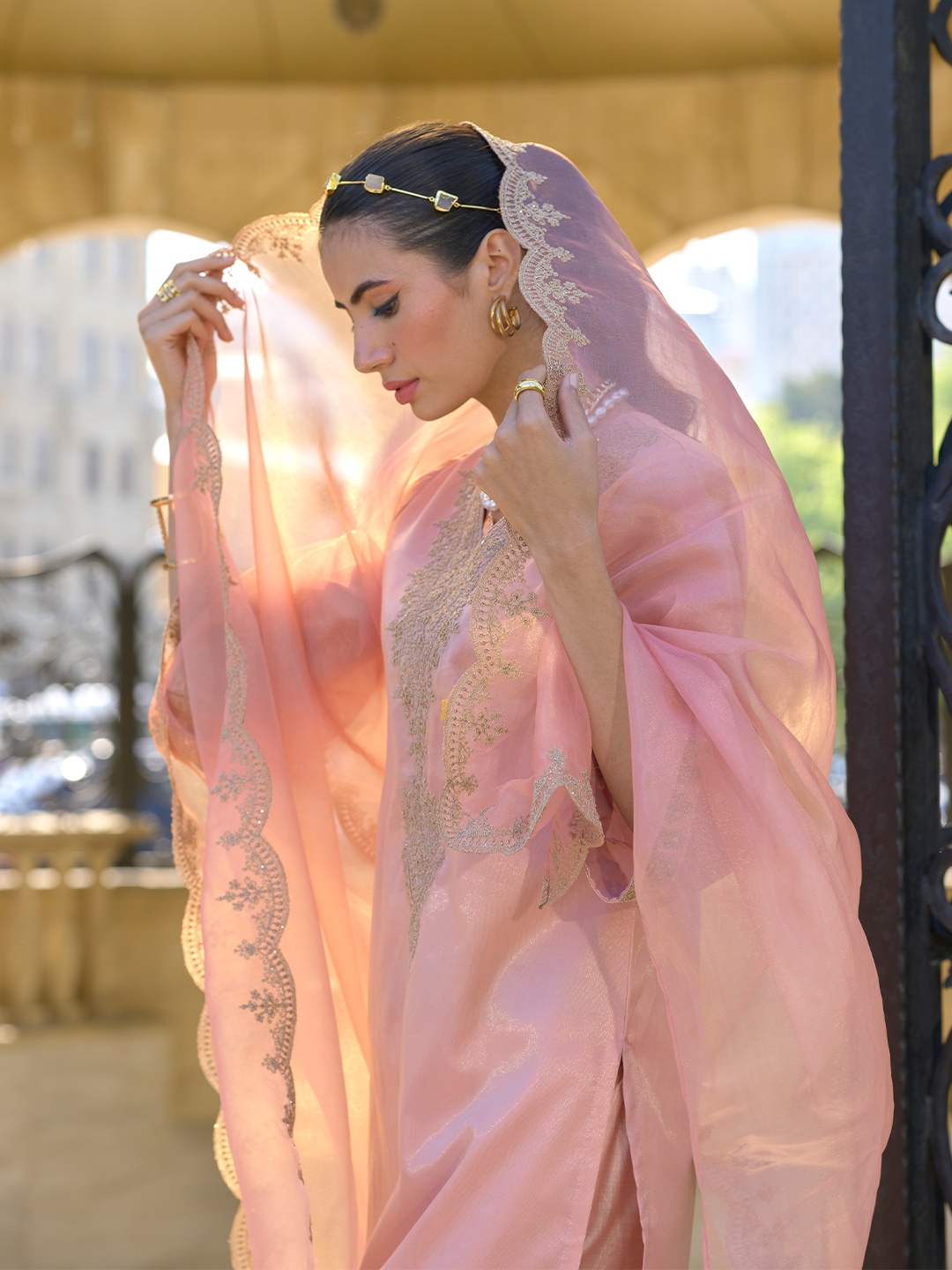 Indo Era Ethnic Motifs Embroidered Zari Straight Kurta With Trousers & Dupatta, Peach
Indo Era Ethnic Motifs Embroidered Zari Straight Kurta With Trousers & Dupatta, Peach