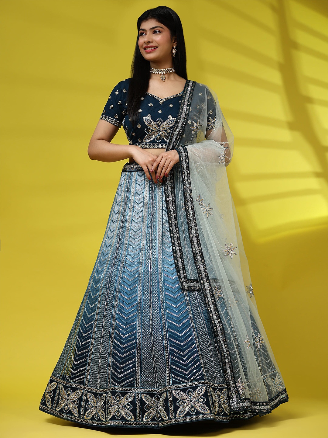 AMOHA TRENDZ Embroidered Sequinned Ready to Wear Lehenga & Blouse With Dupatta, Teal
AMOHA TRENDZ Embroidered Sequinned Ready to Wear Lehenga & Blouse With Dupatta, Teal