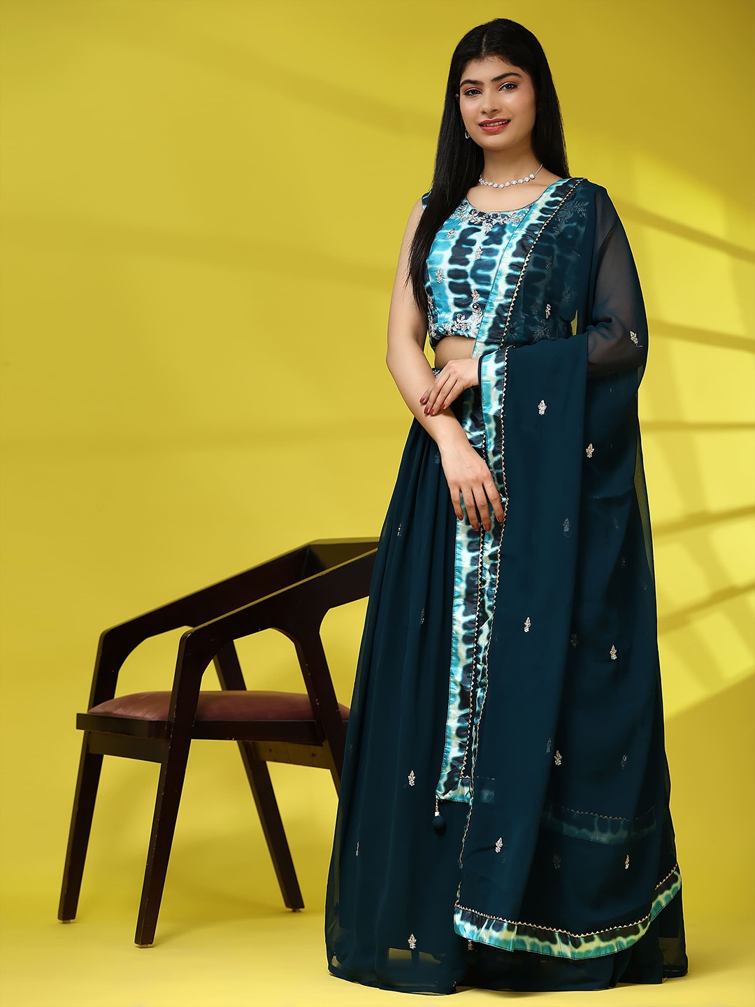 AMOHA TRENDZ Embroidered Tie and Dye Ready to Wear Lehenga & Blouse With Dupatta, Teal
AMOHA TRENDZ Embroidered Tie and Dye Ready to Wear Lehenga & Blouse With Dupatta, Teal