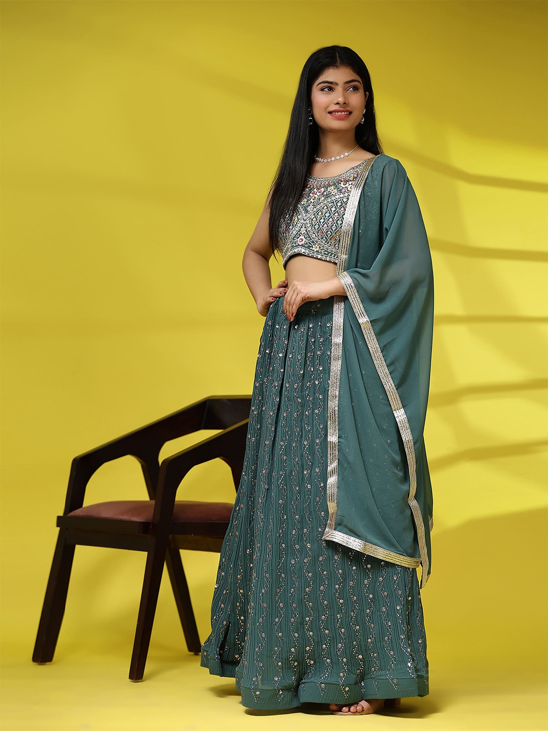 AMOHA TRENDZ Embroidered Silk Georgette Ready to Wear Lehenga & Blouse With Dupatta, Green
AMOHA TRENDZ Embroidered Silk Georgette Ready to Wear Lehenga & Blouse With Dupatta, Green