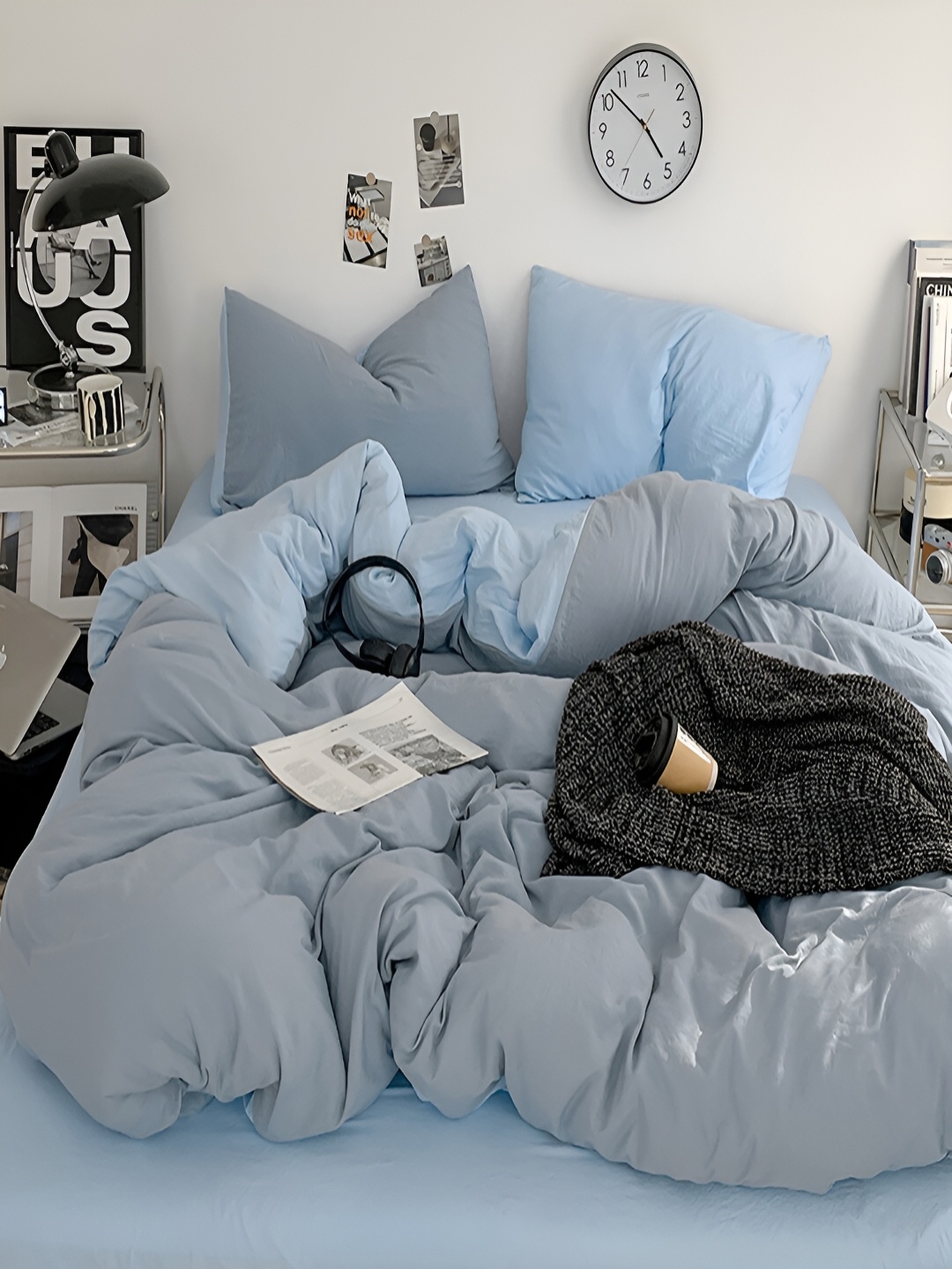 JC HOME Blue & Grey Single Bedding Set