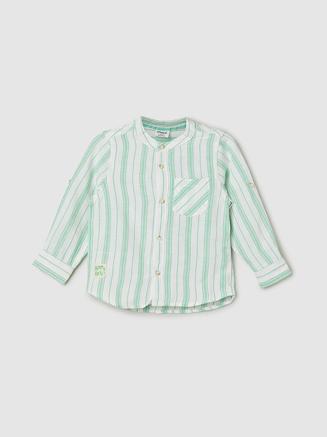 max Boys Vertical Stripes Pure Cotton Mandarin Collar Roll-Up Sleeves Casual Shirt, Green
max Boys Vertical Stripes Pure Cotton Mandarin Collar Roll-Up Sleeves Casual Shirt, Green