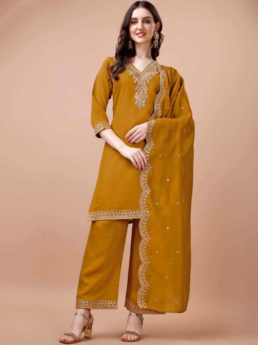 KALINI Ethnic Motifs Yoke Design Thread Work Straight Kurta With Palazzos & Dupatta, Mustard
KALINI Ethnic Motifs Yoke Design Thread Work Straight Kurta With Palazzos & Dupatta, Mustard