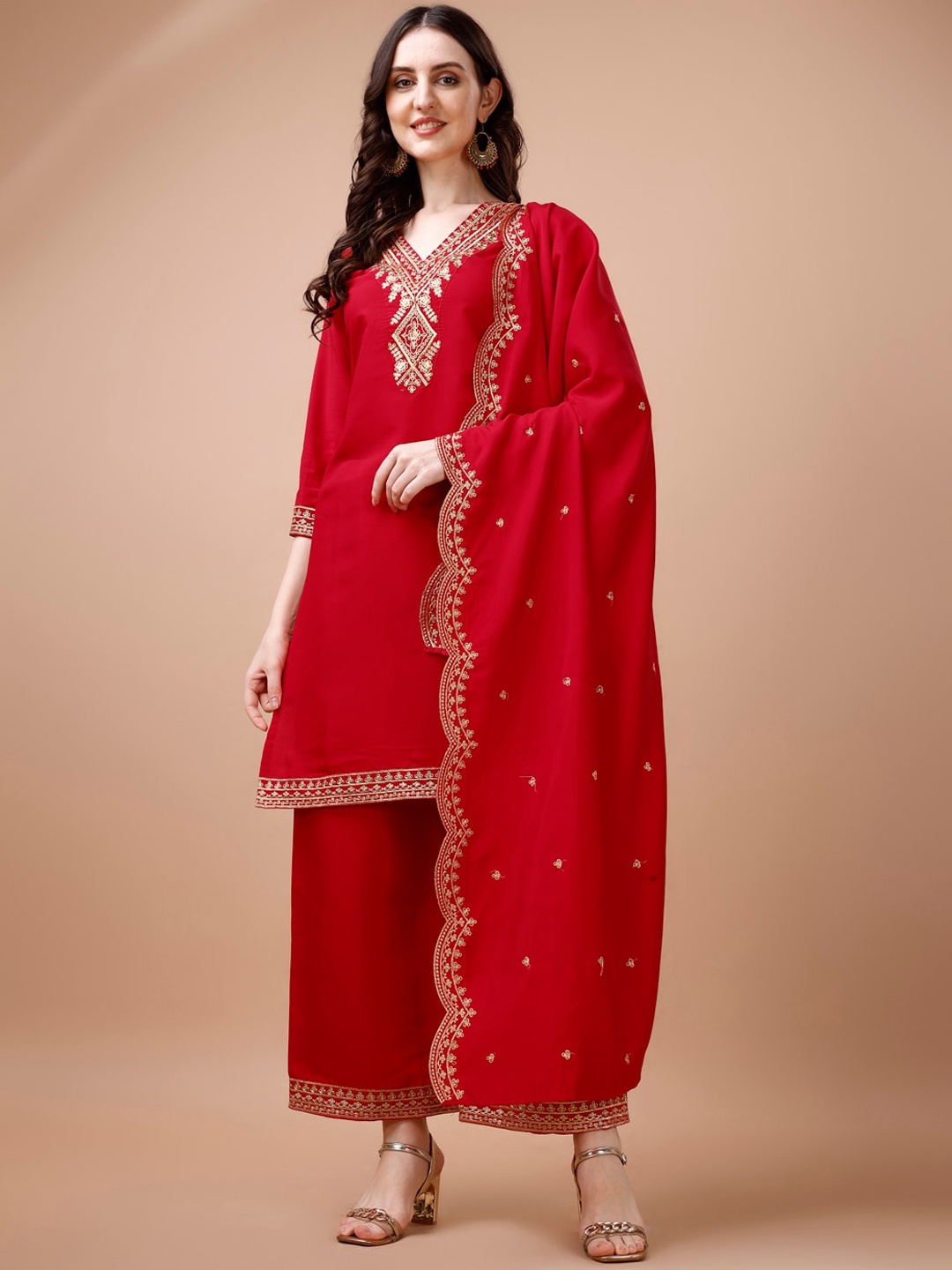KALINI Women Ethnic Motifs Embroidered Regular Kurta with Palazzos & With Dupatta, Red
KALINI Women Ethnic Motifs Embroidered Regular Kurta with Palazzos & With Dupatta, Red