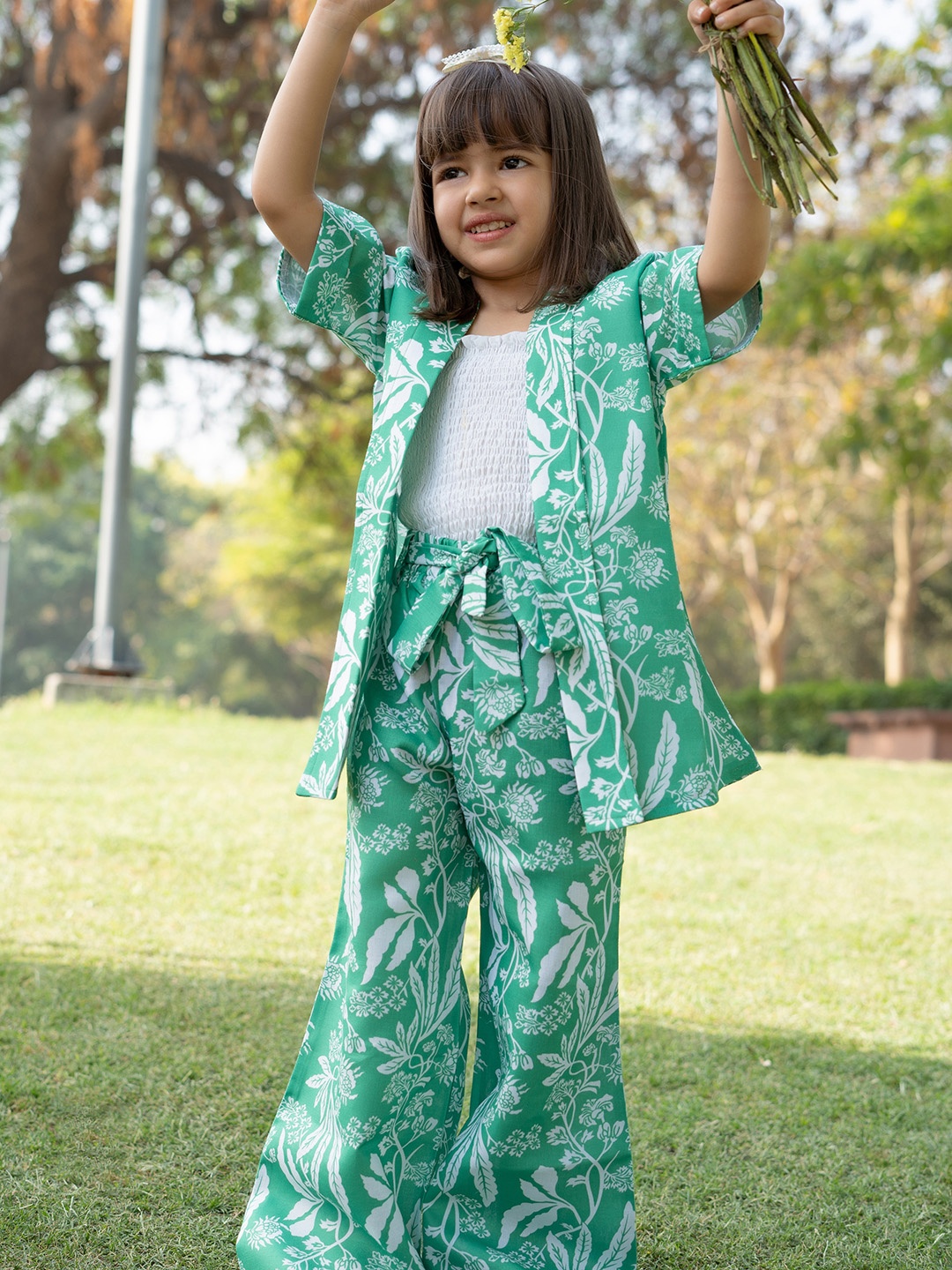 Aj DEZInES Girls Floral Printed Cotton Top With Shrug & Trousers Clothing Set, Green
Aj DEZInES Girls Floral Printed Cotton Top With Shrug & Trousers Clothing Set, Green