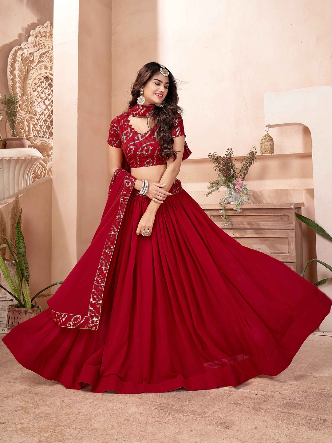 FABPIXEL Embroidered Sequinned Semi Stitched Lehenga & Unstitched Blouse With Dupatta, Red
FABPIXEL Embroidered Sequinned Semi Stitched Lehenga & Unstitched Blouse With Dupatta, Red