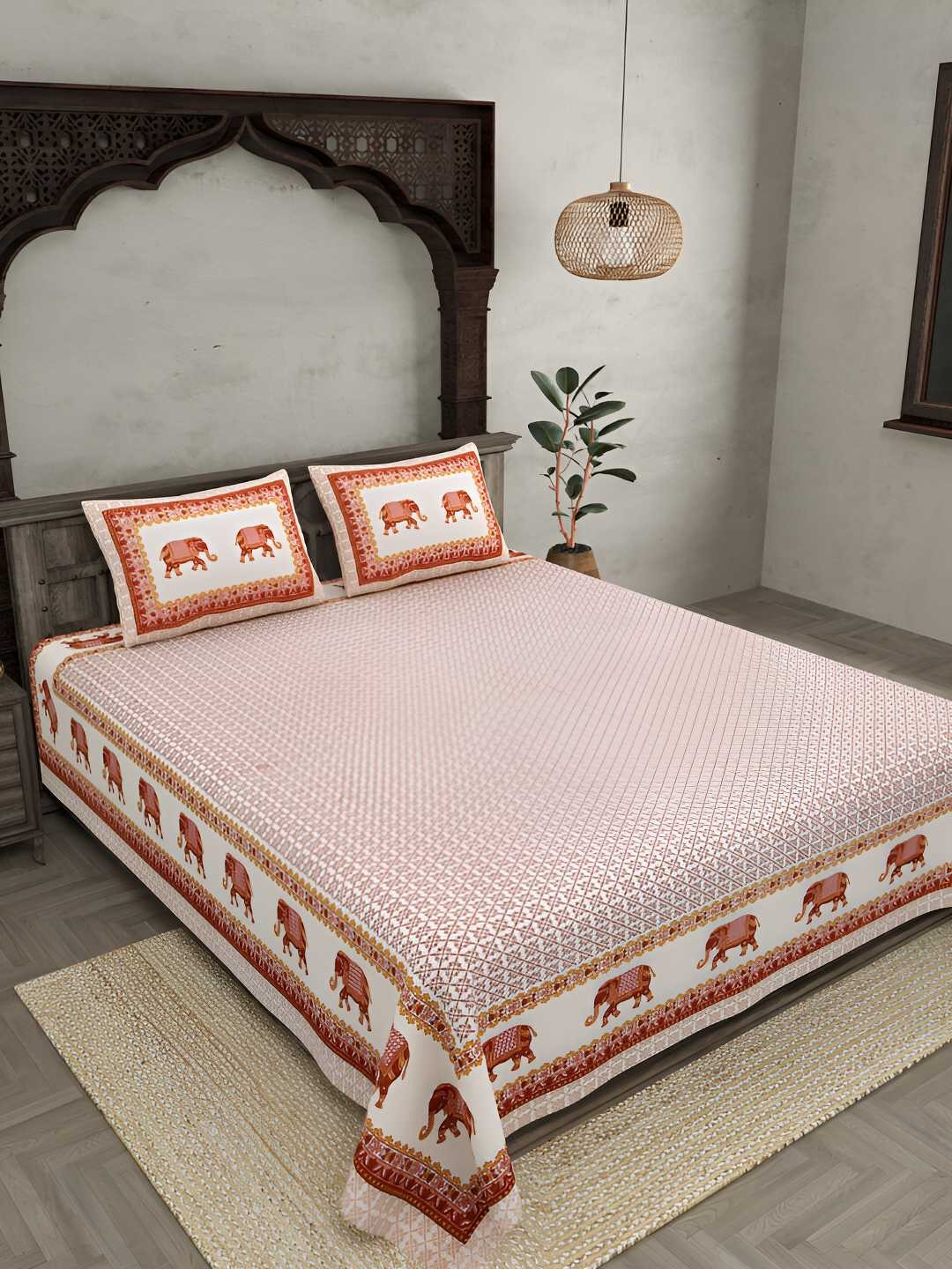 BED-SHEET.COM Peach & White Ethnic Motifs Cotton 180 TC King Bedsheet With 2 Pillow Covers