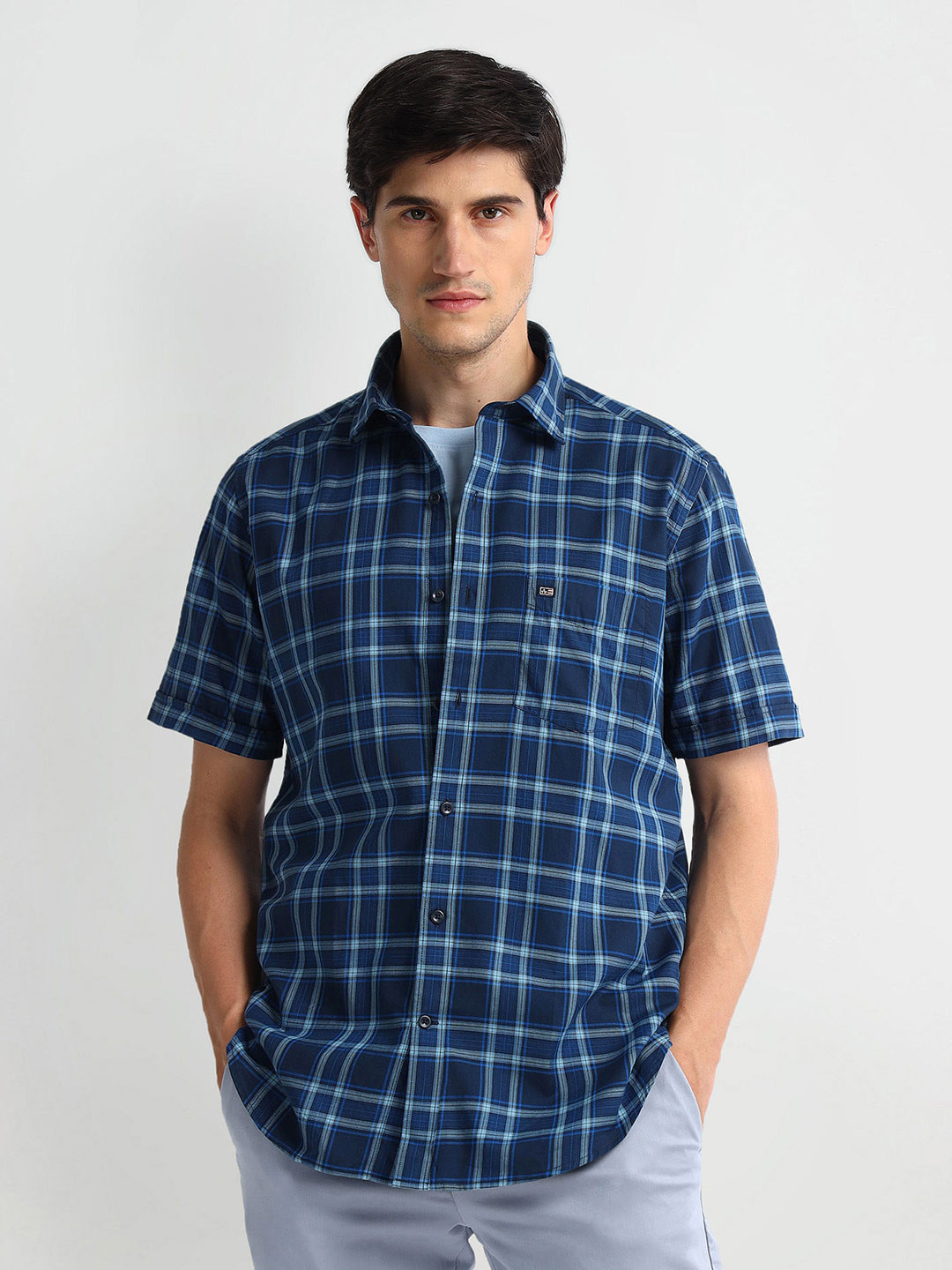 Arrow Sport Tartan Checked Spread Collar Cotton Twill Casual Shirt, Blue 
Arrow Sport Tartan Checked Spread Collar Cotton Twill Casual Shirt, Blue