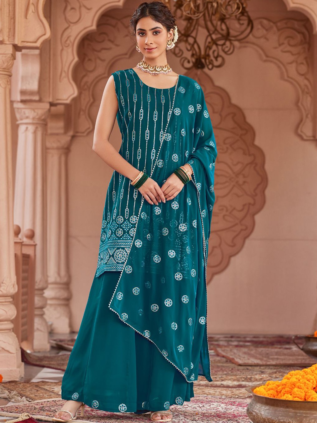 WOMEN PLUS Women Embroidered Regular Sequinned Kurta with Sharara & With Dupatta, Blue
WOMEN PLUS Women Embroidered Regular Sequinned Kurta with Sharara & With Dupatta, Blue