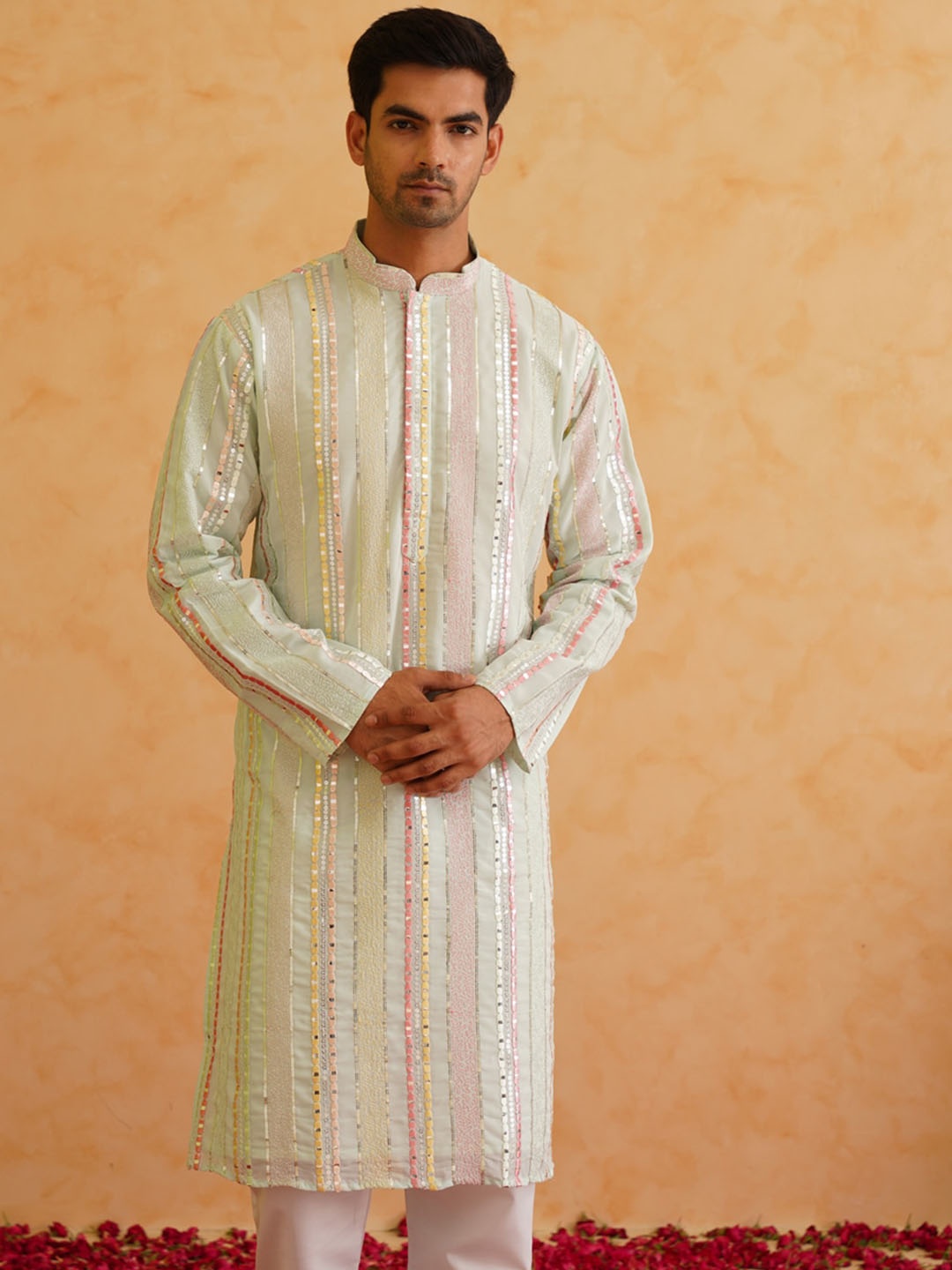 SOJANYA LUXE Striped Woven Design Mandarin Collar Sequined Straight Kurta, Sea green
SOJANYA LUXE Striped Woven Design Mandarin Collar Sequined Straight Kurta, Sea green
