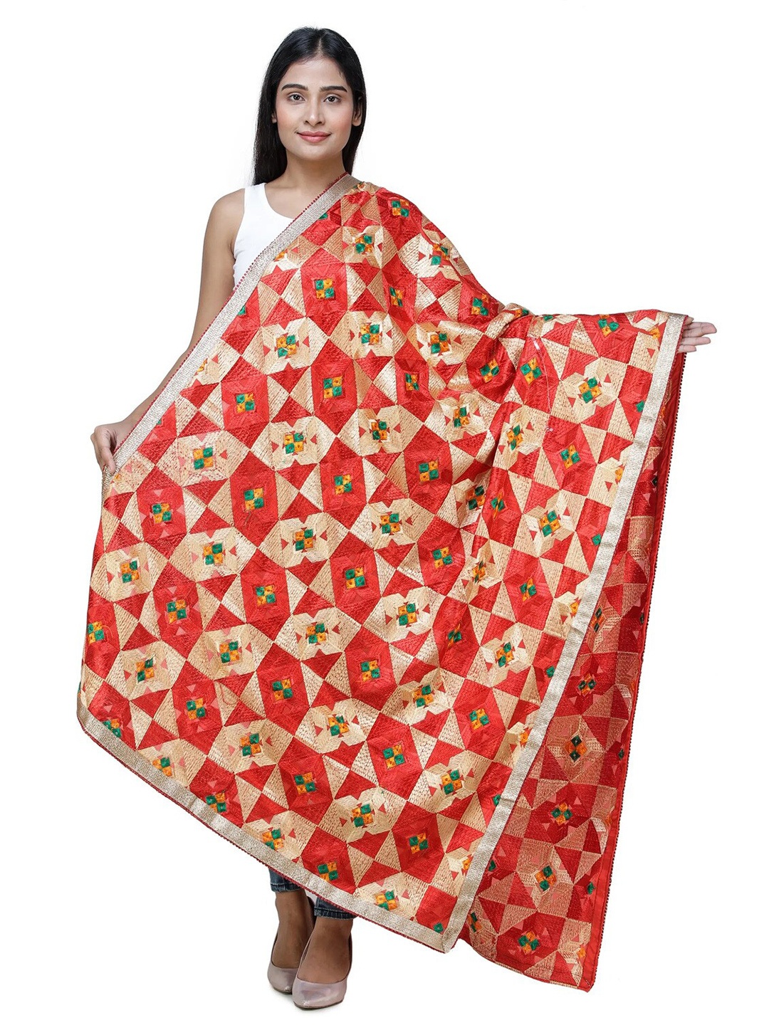Exotic India Flame Scarlet Geometric Patterns Phulkari Dupatta with Zari Border, Red
Exotic India Flame Scarlet Geometric Patterns Phulkari Dupatta with Zari Border, Red