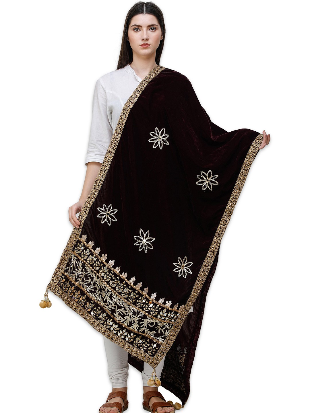 Exotic India Velvet Dupatta Embellished with Gota Patches on Border and Mirrors, Maroon
Exotic India Velvet Dupatta Embellished with Gota Patches on Border and Mirrors, Maroon