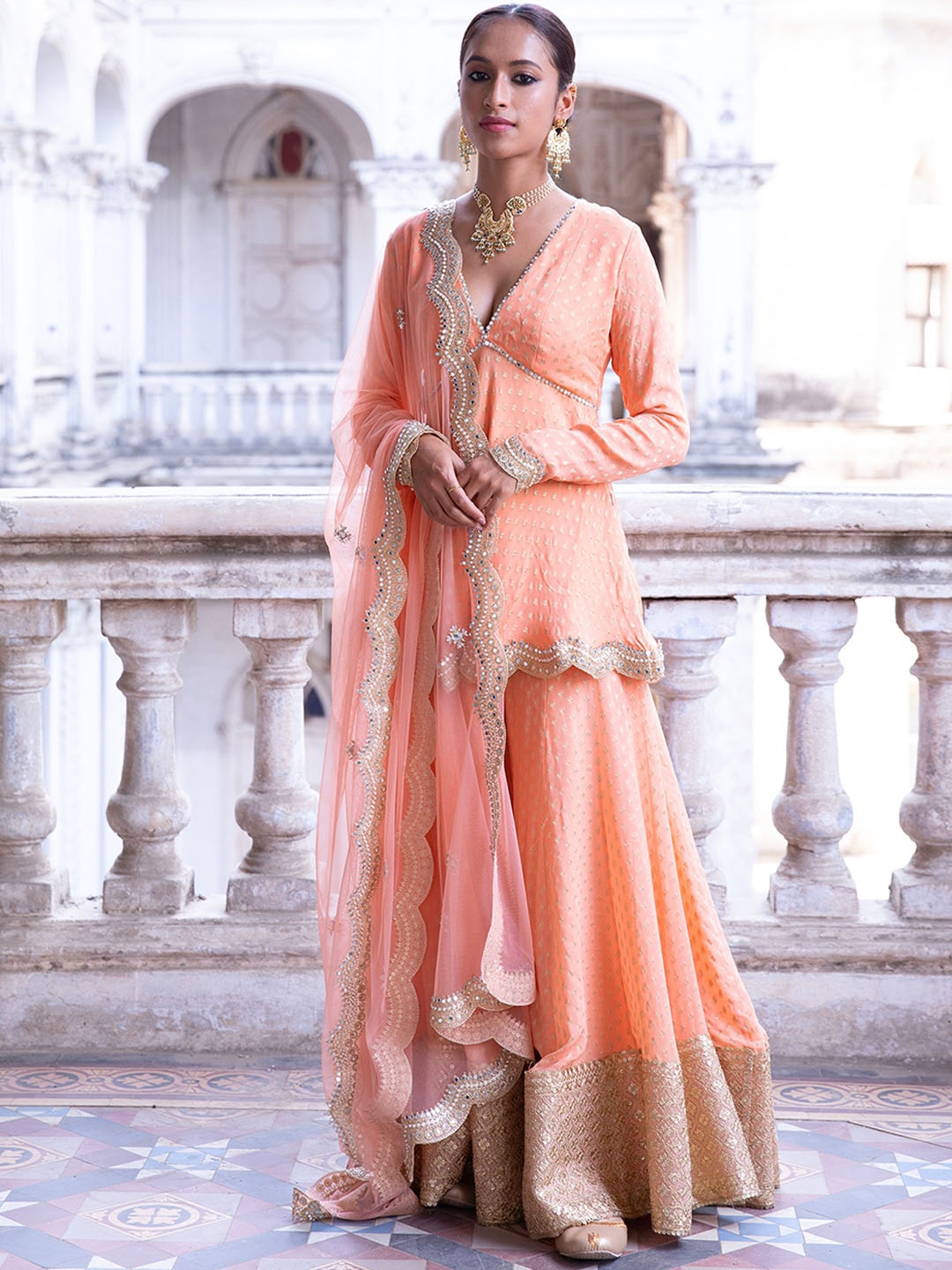 Renee Label Self Design V-Neck Beads and Stones Anarkali Kurti & Sharara With Dupatta, Orange
Renee Label Self Design V-Neck Beads and Stones Anarkali Kurti & Sharara With Dupatta, Orange