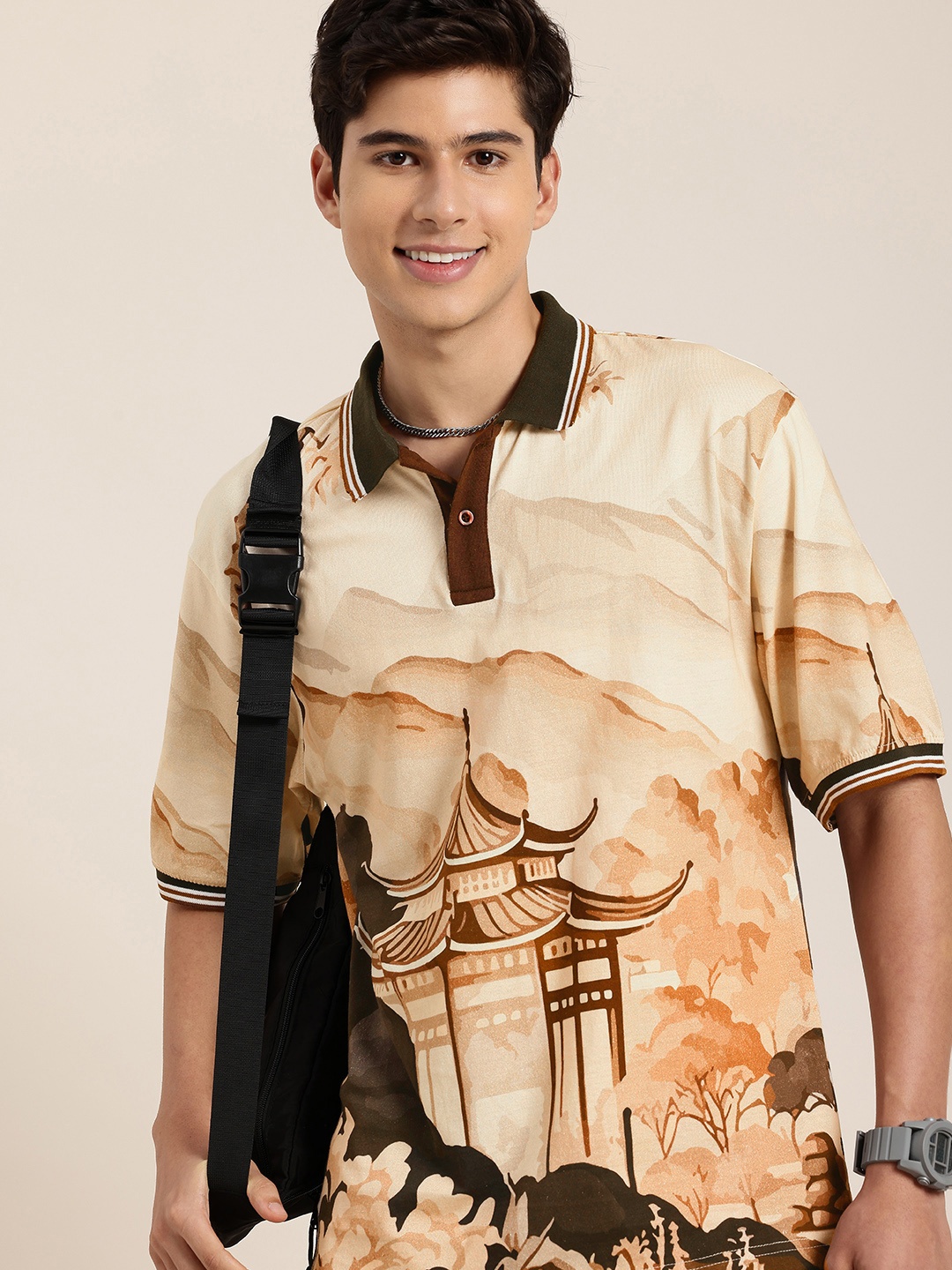 HERE&NOW Tranquil Softscape Cotton Graphic Polo Collar Drop-Shoulder Relaxed Fit T-shirt, Beige
HERE&NOW Tranquil Softscape Cotton Graphic Polo Collar Drop-Shoulder Relaxed Fit T-shirt, Beige