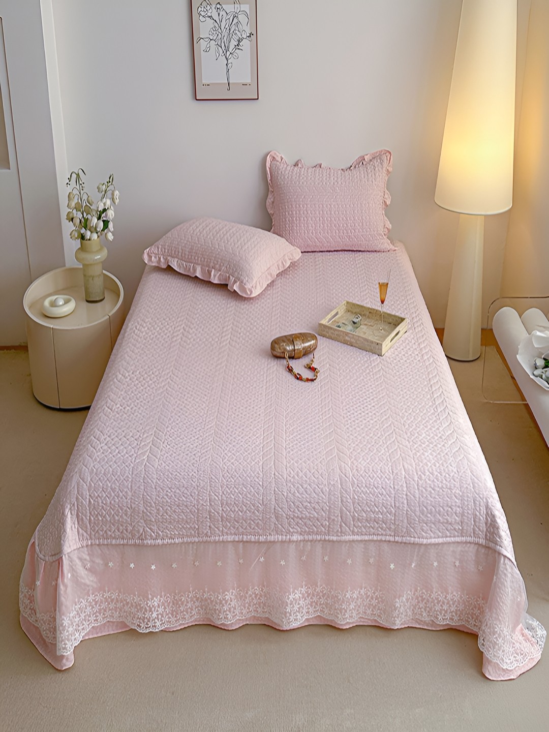 JC HOME Light Peach Quilted Printed 162TC Double King Bed Cover With 2 Pillow Covers, Pink
JC HOME Light Peach Quilted Printed 162TC Double King Bed Cover With 2 Pillow Covers, Pink