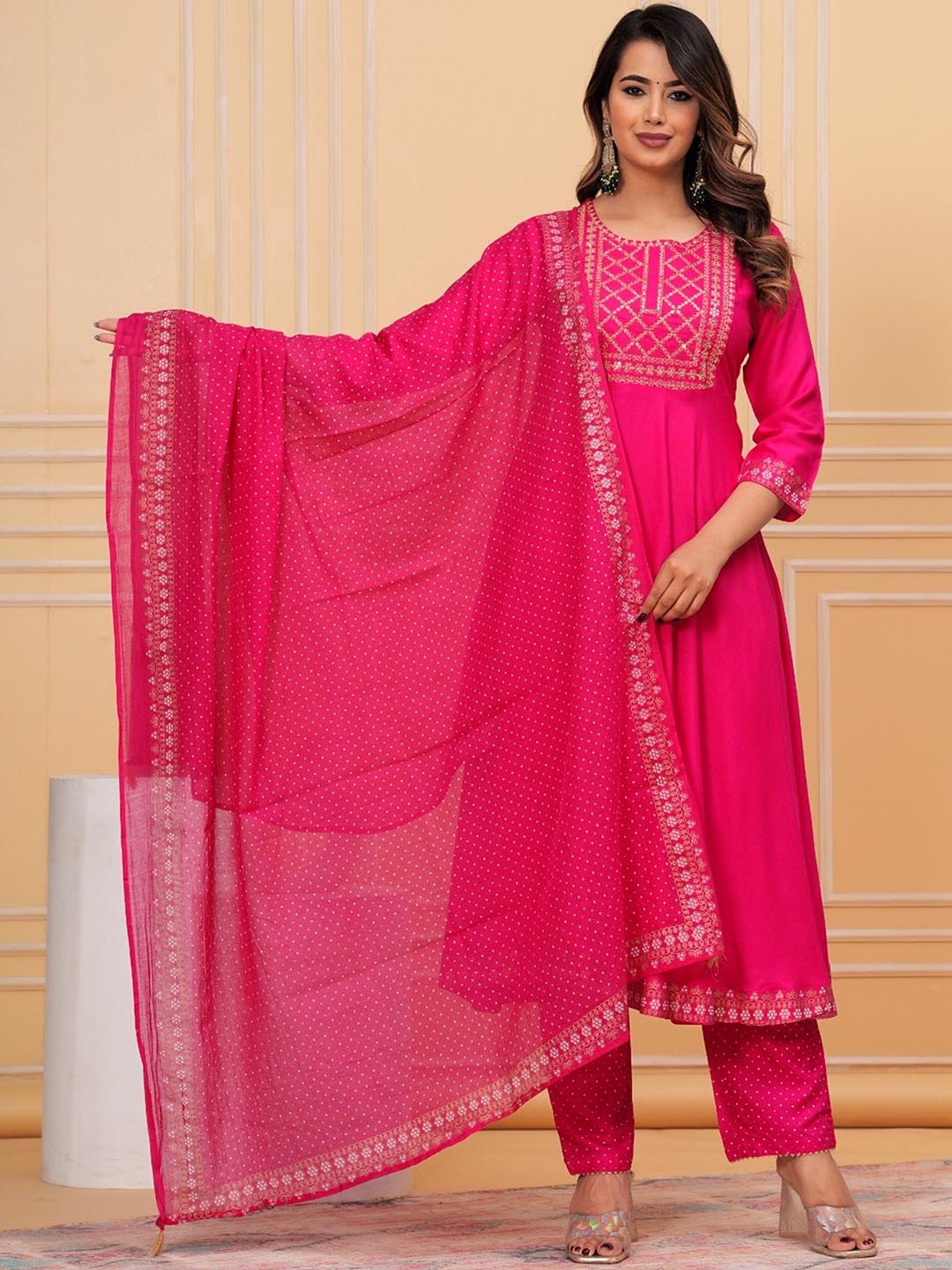 SK2 Fashion Ethnic Motifs Yoke Design Sequinned Anarkali Kurta With Palazzos & Dupatta, Pink
SK2 Fashion Ethnic Motifs Yoke Design Sequinned Anarkali Kurta With Palazzos & Dupatta, Pink
