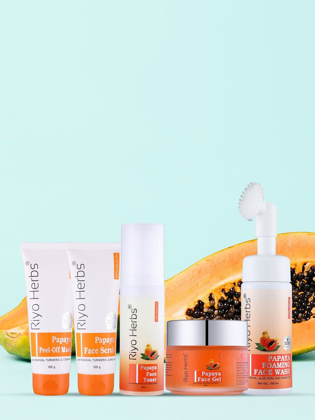 Riyo Herbs Set of 5 Papaya Facial Kit - Mask, Scrub, Toner, Face Gel, Face Wash, White
Riyo Herbs Set of 5 Papaya Facial Kit - Mask, Scrub, Toner, Face Gel, Face Wash, White