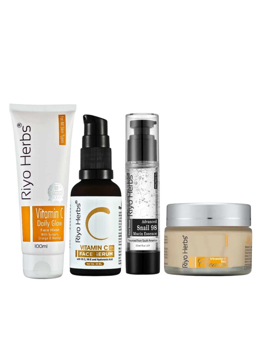 Riyo Herbs Vitamin C Daily Glow Face Wash, Serum, Gel Cream & Snail Mucin Combo, Transparent
Riyo Herbs Vitamin C Daily Glow Face Wash, Serum, Gel Cream & Snail Mucin Combo, Transparent