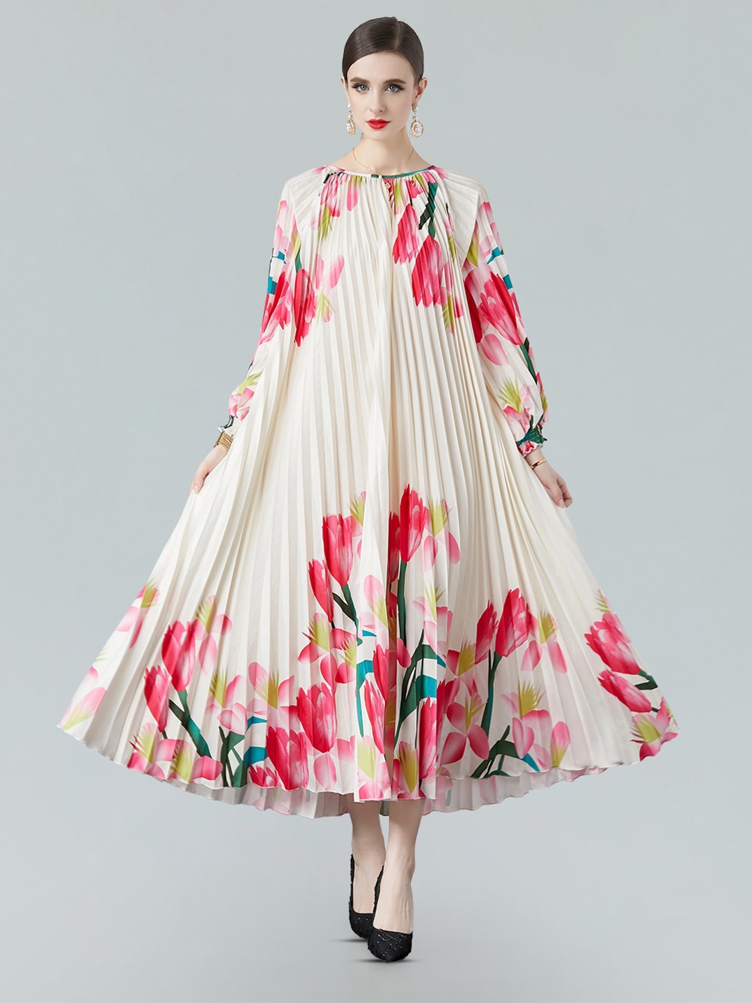 JC Collection Floral Printed Cuffed Sleeves Accordion Pleats A-Line Maxi Dress, White
JC Collection Floral Printed Cuffed Sleeves Accordion Pleats A-Line Maxi Dress, White