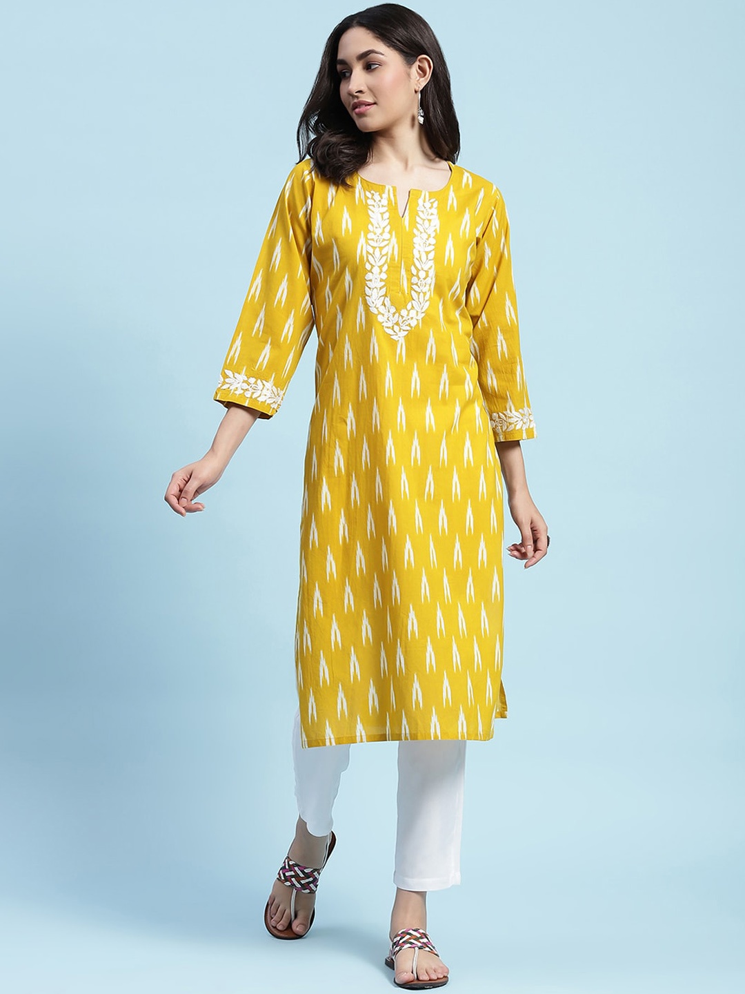 House of Chikankari Floral Printed Notch Neck Chikankari Cotton Straight Kurta, Yellow
House of Chikankari Floral Printed Notch Neck Chikankari Cotton Straight Kurta, Yellow