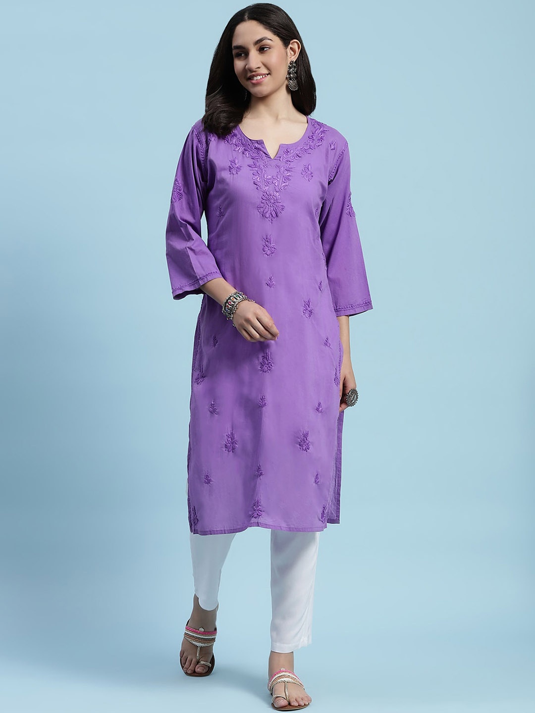 House of Chikankari Embroidered Round Neck Three-Quarter Sleeves Cotton Kurta, Purple
House of Chikankari Embroidered Round Neck Three-Quarter Sleeves Cotton Kurta, Purple