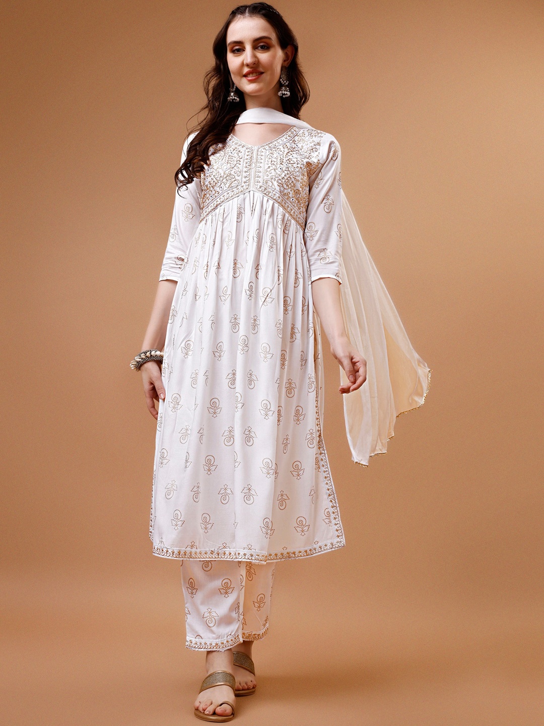 KALINI Ethnic Motifs Embroidered Empire A Line Kurta With Trousers & Dupatta, White
KALINI Ethnic Motifs Embroidered Empire A Line Kurta With Trousers & Dupatta, White