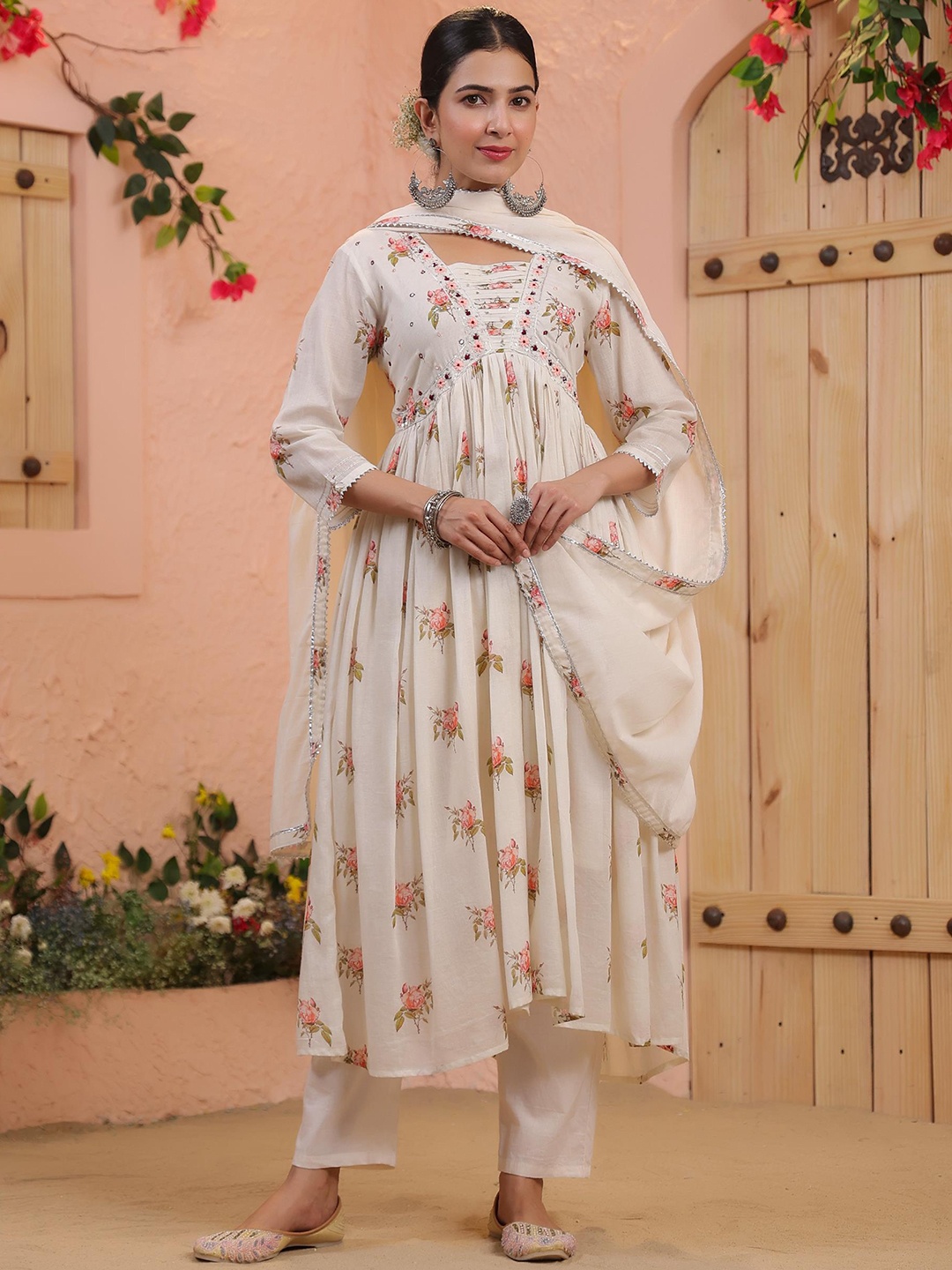 SCAKHI Floral Printed Aari Work Pure Cotton Empire Anarkali Kurta With Trousers & Dupatta, Cream
SCAKHI Floral Printed Aari Work Pure Cotton Empire Anarkali Kurta With Trousers & Dupatta, Cream
