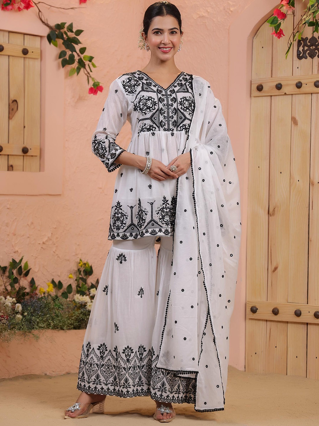 SCAKHI Floral Embroidered Mirror Work Pure Cotton A-Line Kurti With Sharara & Dupatta, White
SCAKHI Floral Embroidered Mirror Work Pure Cotton A-Line Kurti With Sharara & Dupatta, White