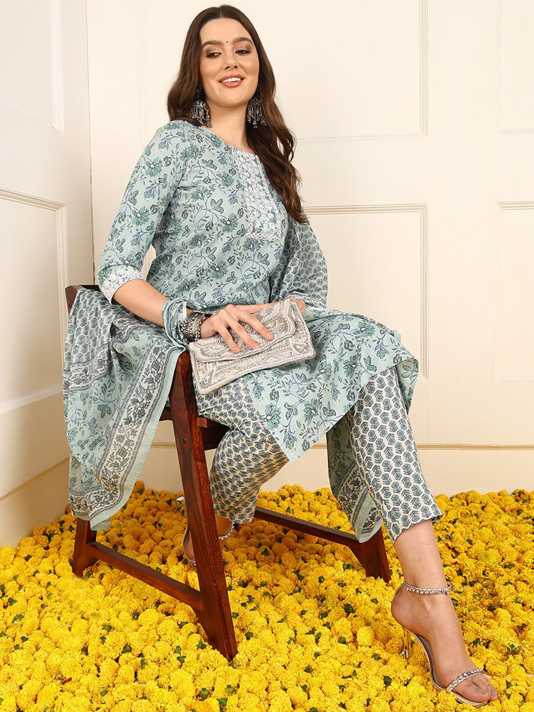AHIKA Floral Embroidered Mirror Work Pure Cotton Straight Kurta With Trousers & Dupatta, Green
AHIKA Floral Embroidered Mirror Work Pure Cotton Straight Kurta With Trousers & Dupatta, Green