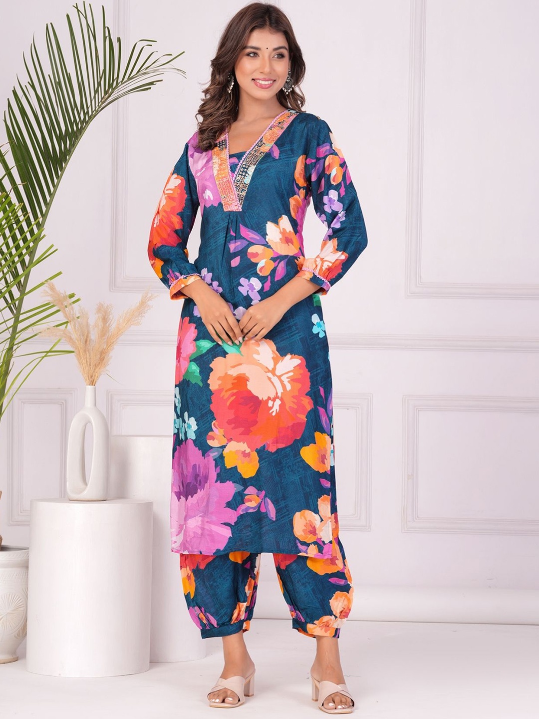 KALINI Floral Printed Regular Beads and Stones Pure Silk Straight Kurta With Salwar, Blue
KALINI Floral Printed Regular Beads and Stones Pure Silk Straight Kurta With Salwar, Blue