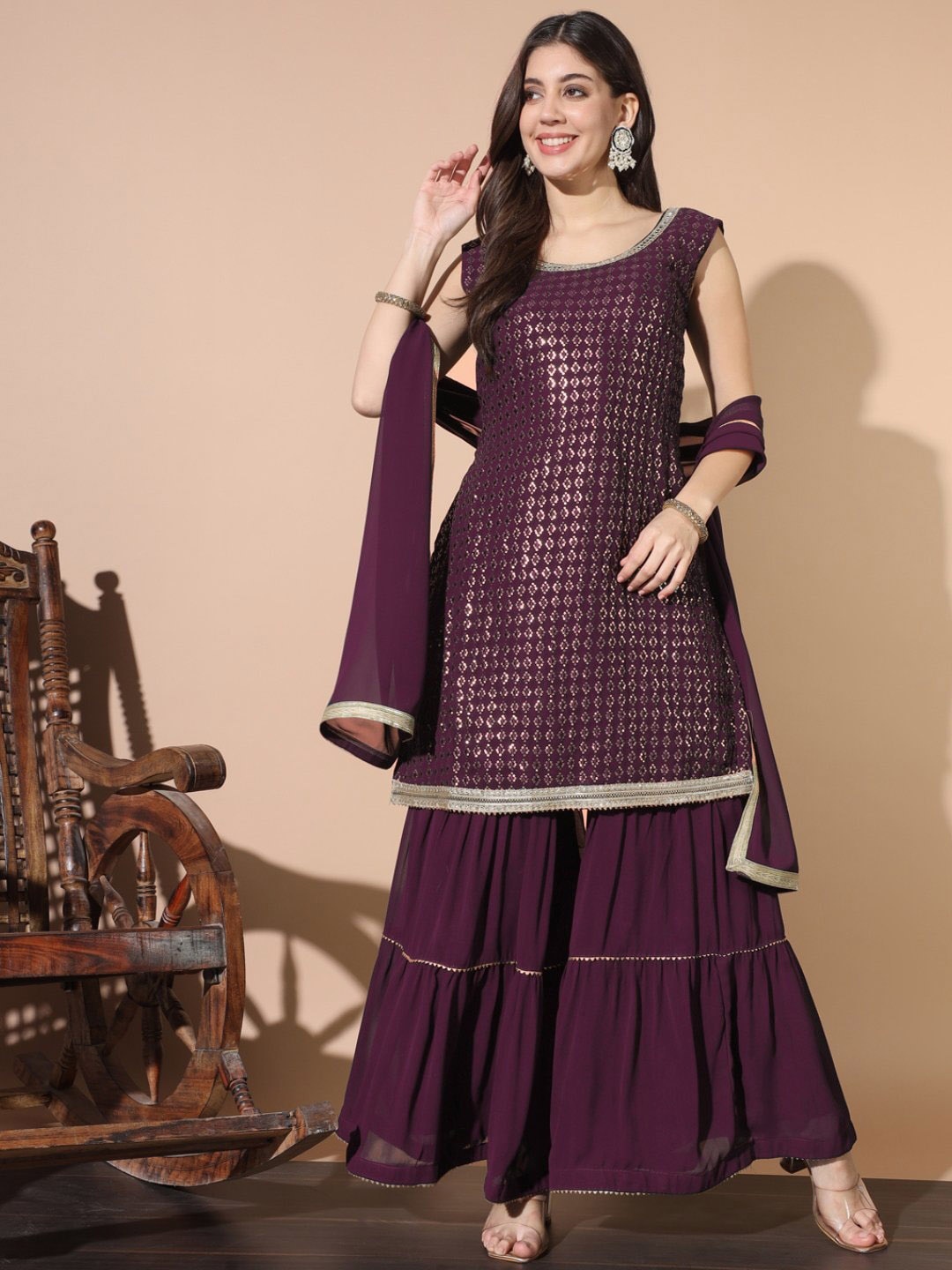 Chhabra 555 Sequinned Embroidered Round Neck Straight Kurta With Sharara & Dupatta, Purple
Chhabra 555 Sequinned Embroidered Round Neck Straight Kurta With Sharara & Dupatta, Purple