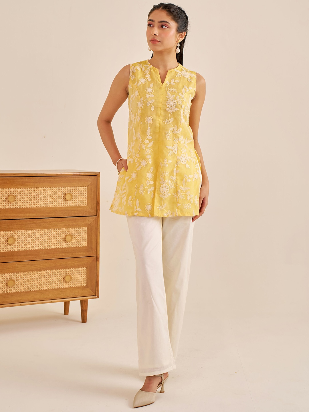 Alaya By Stage3 Floral Embroidered Thread Work Pure Cotton A-Line Kurti & Trousers, Yellow
Alaya By Stage3 Floral Embroidered Thread Work Pure Cotton A-Line Kurti & Trousers, Yellow