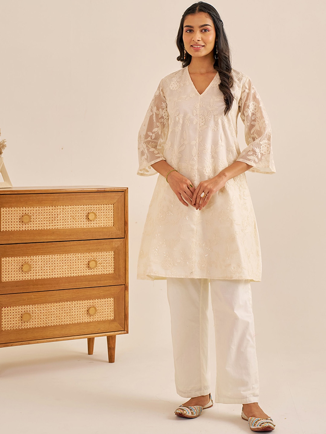 Alaya By Stage3 Ethnic Motifs Embroidered Thread Work Pure Cotton A-Line Kurti & Trousers, White
Alaya By Stage3 Ethnic Motifs Embroidered Thread Work Pure Cotton A-Line Kurti & Trousers, White
