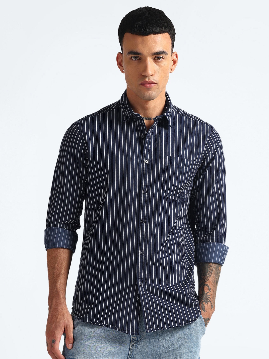 Flying Machine Slim Fit Striped Spread Collar Long Sleeves Cotton Casual Shirt, Blue
Flying Machine Slim Fit Striped Spread Collar Long Sleeves Cotton Casual Shirt, Blue