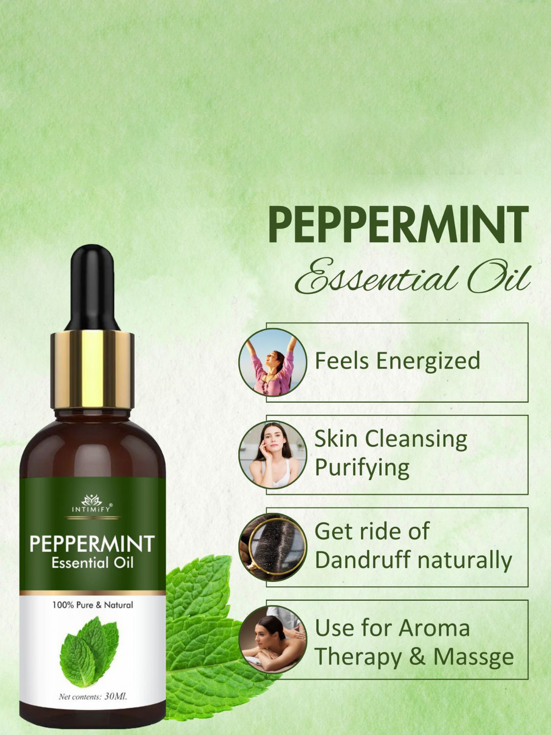 INTIMIFY Peppermint Essential Oil For Hair Growth & Dandruff Control - 30ml, Transparent
INTIMIFY Peppermint Essential Oil For Hair Growth & Dandruff Control - 30ml, Transparent