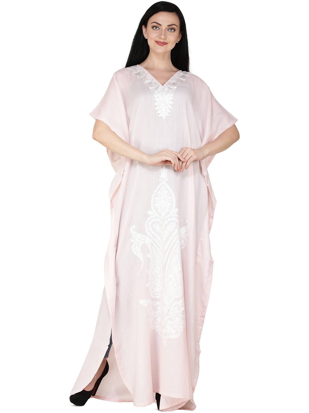Exotic India Melted Rose Kashmiri Kaftan with Aari Embroidered White Flowers and Paisleys
Exotic India Melted Rose Kashmiri Kaftan with Aari Embroidered White Flowers and Paisleys