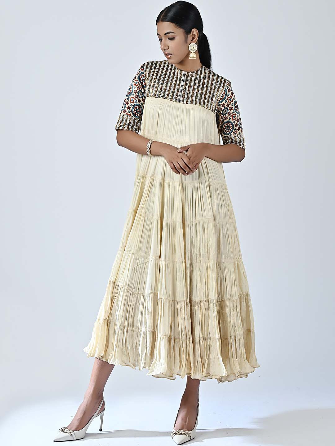 Sejal Kamdar Ethnic Motifs Printed Gathered Tiered Crepe Midi A-Line Dress, Beige
Sejal Kamdar Ethnic Motifs Printed Gathered Tiered Crepe Midi A-Line Dress, Beige
