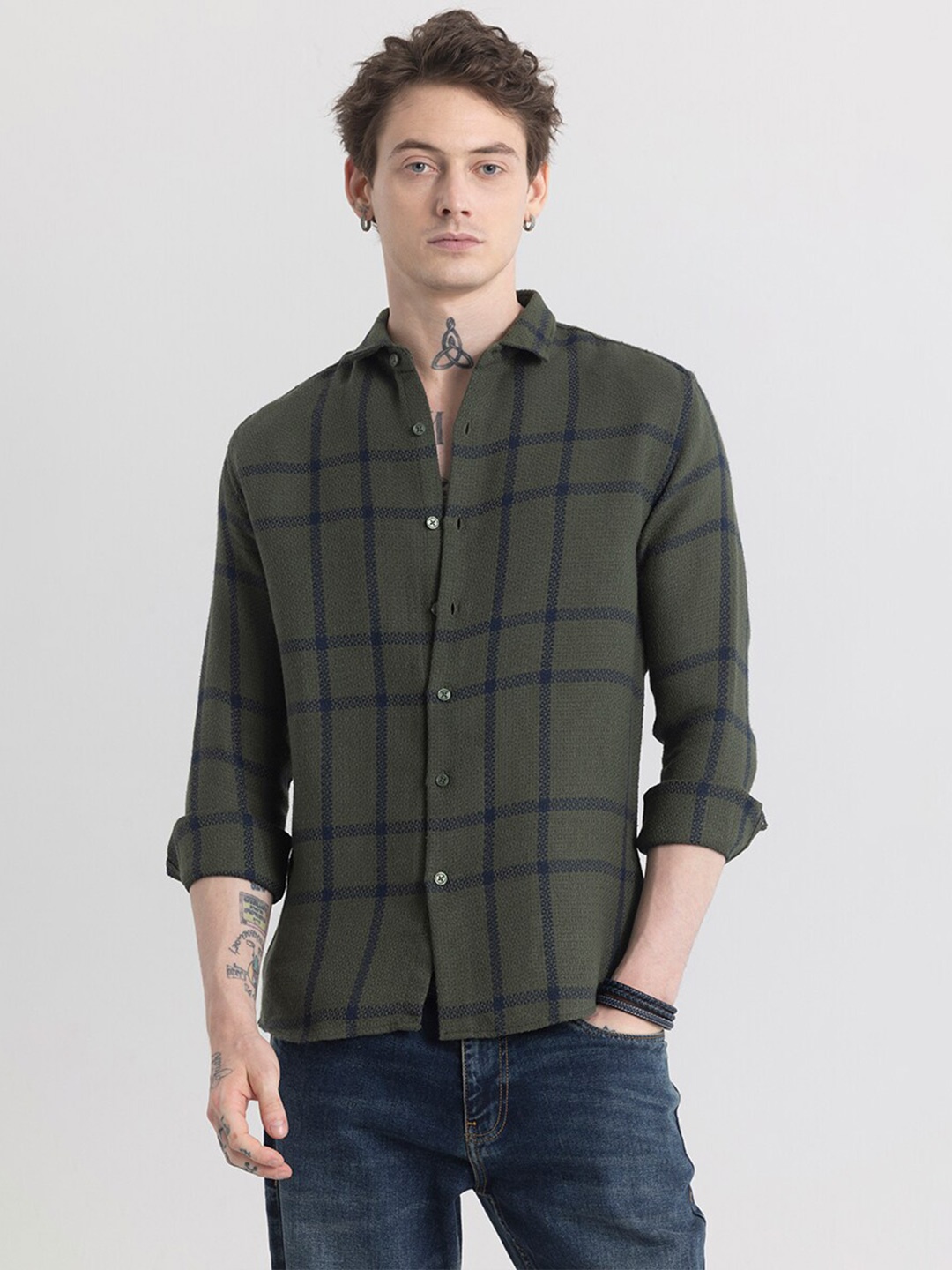 Snitch Olive Green & Blue Classic Windowpane Checked Pure Cotton Slim Fit Casual Shirt
Snitch Olive Green & Blue Classic Windowpane Checked Pure Cotton Slim Fit Casual Shirt