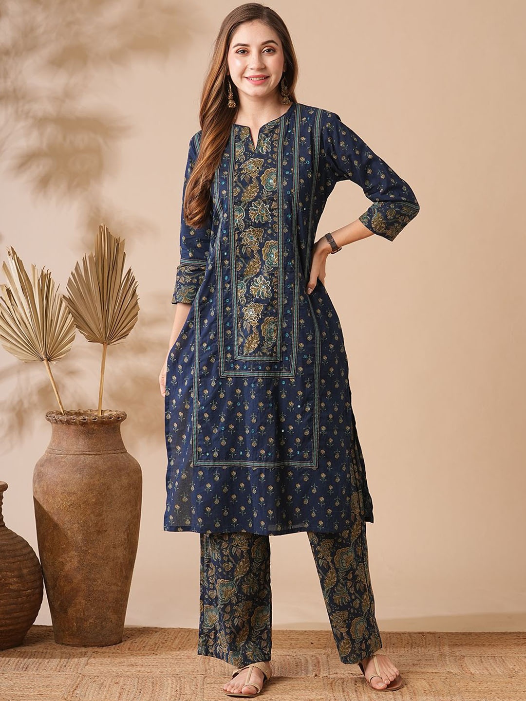 FASHOR Floral Printed Mirror Work Pure Cotton Straight Kurta With Trouser, Navy blue
FASHOR Floral Printed Mirror Work Pure Cotton Straight Kurta With Trouser, Navy blue