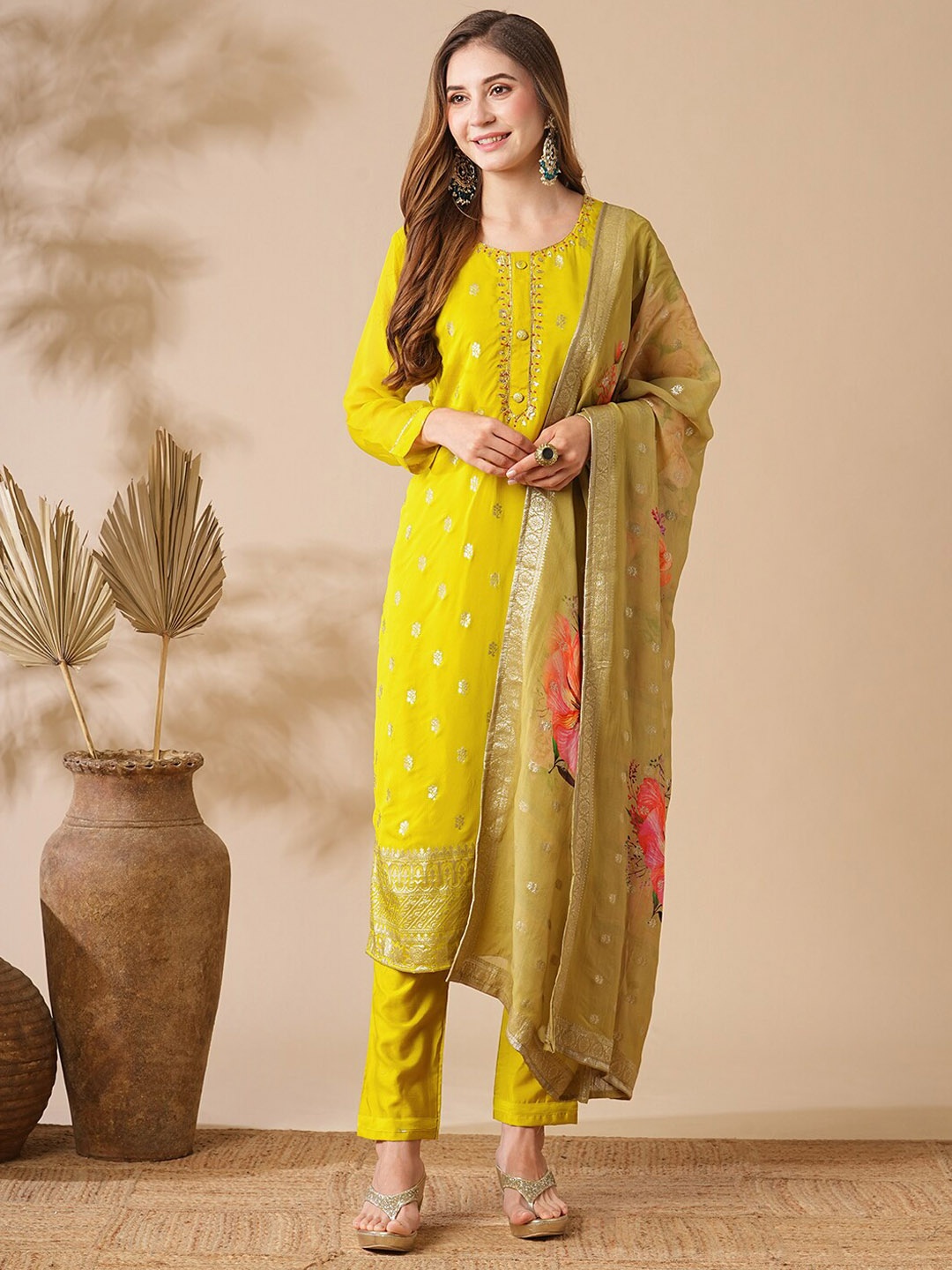 FASHOR Floral Woven Design Jacquard Zari Straight Kurta With Trousers & Dupatta, Yellow
FASHOR Floral Woven Design Jacquard Zari Straight Kurta With Trousers & Dupatta, Yellow