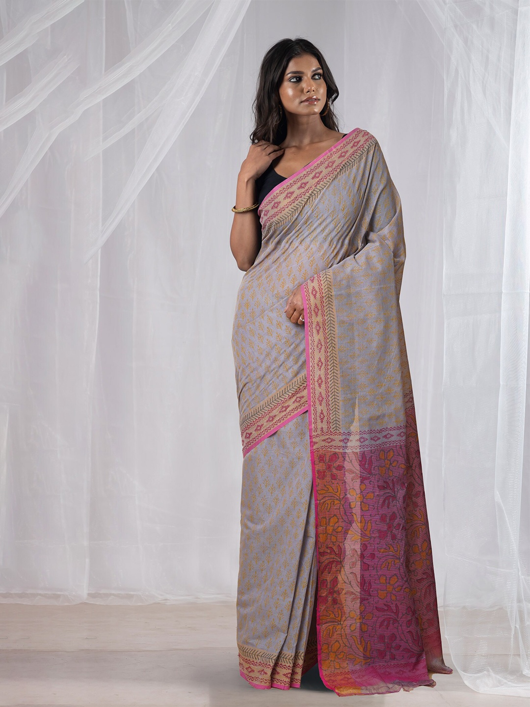 Unnati Silks Ethnic Motifs Pure Cotton Mangalagiri Saree, Grey