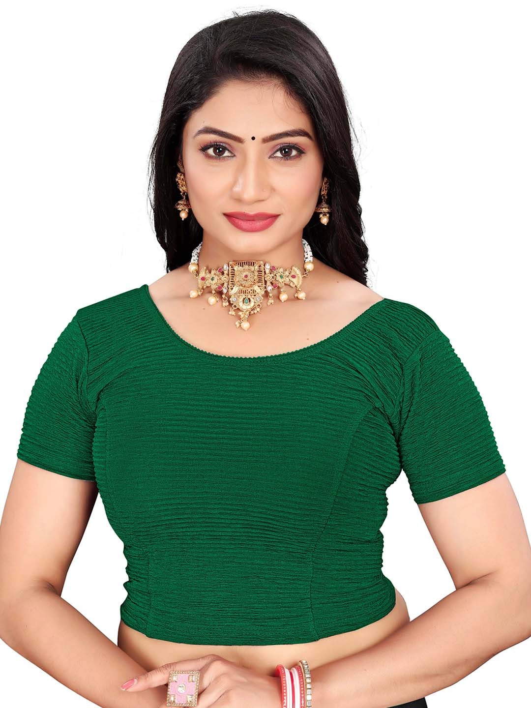 RUNAYA NX Woven Design Round Neck Saree Blouse, Green